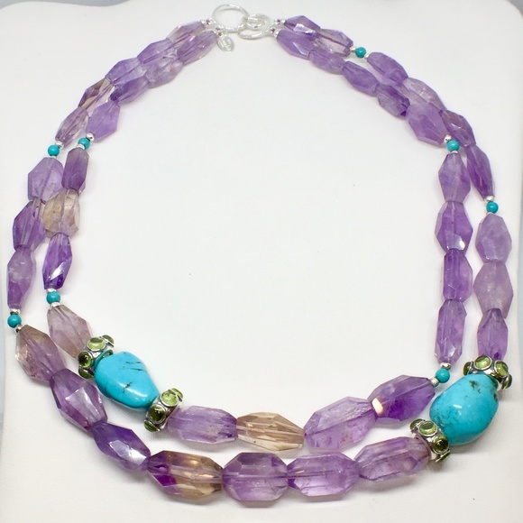 Vintage Bounkit .925 Amethyst/Turquoise Necklace - Picture 1 of 5